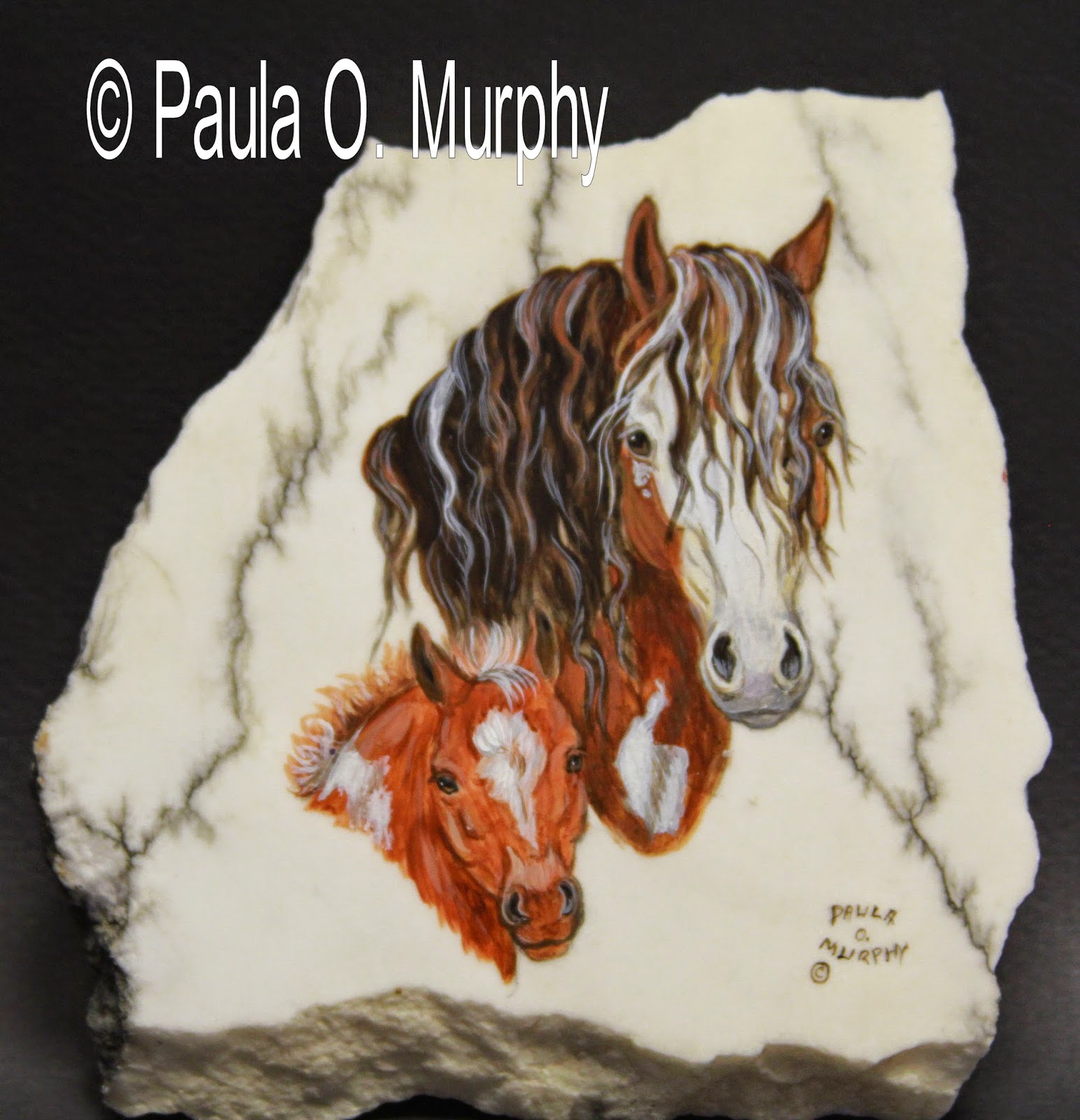 Hand painted gemstone on halite of horse mare and colt