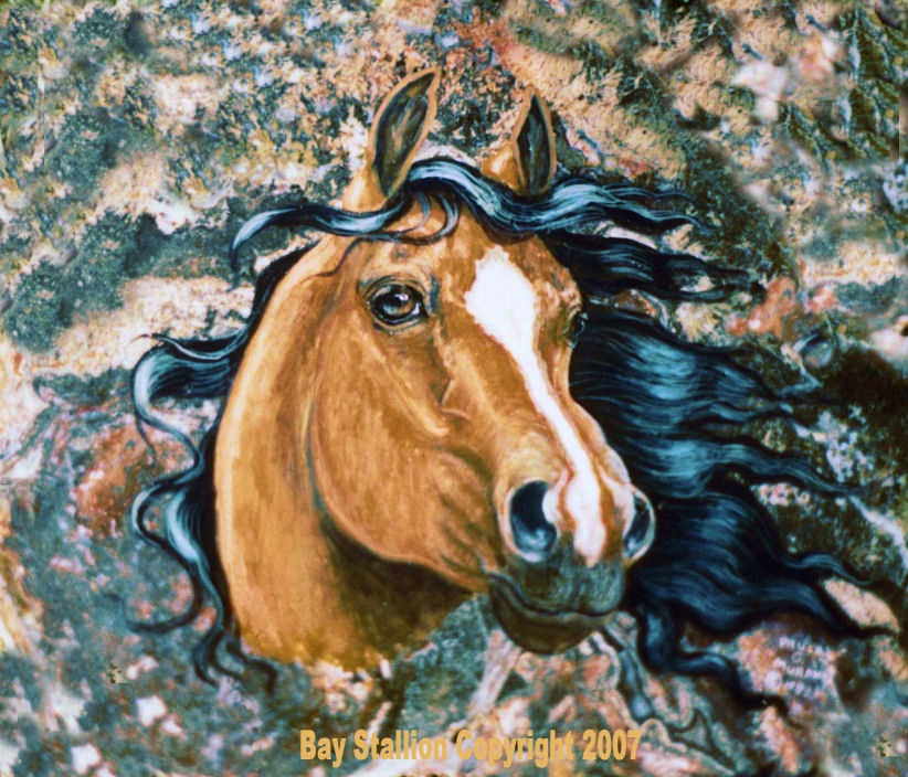 A bay stallion painted on a rock slab 6"x9"