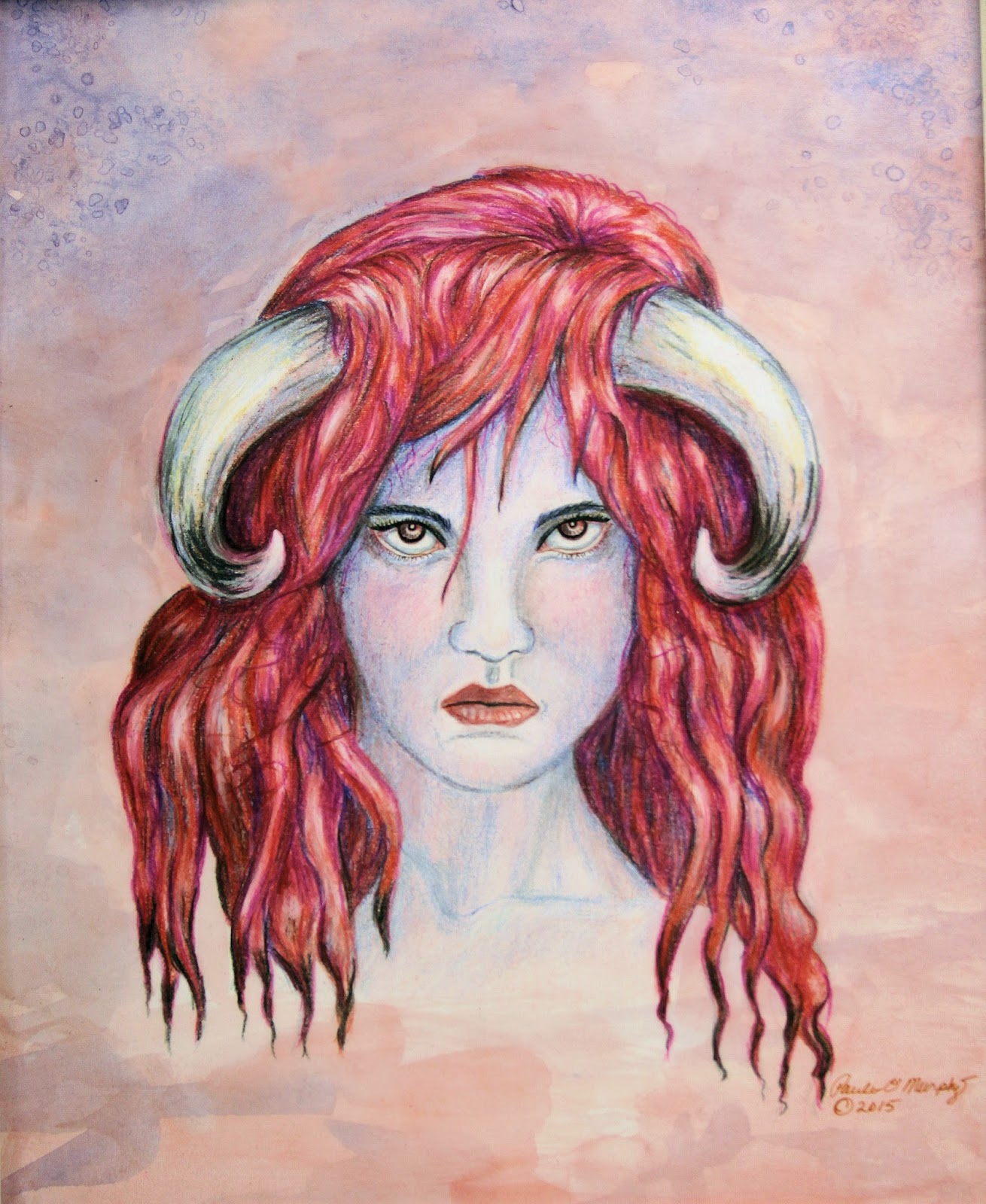 A mixed media illustration of a woman with bull horns, 9"x12"